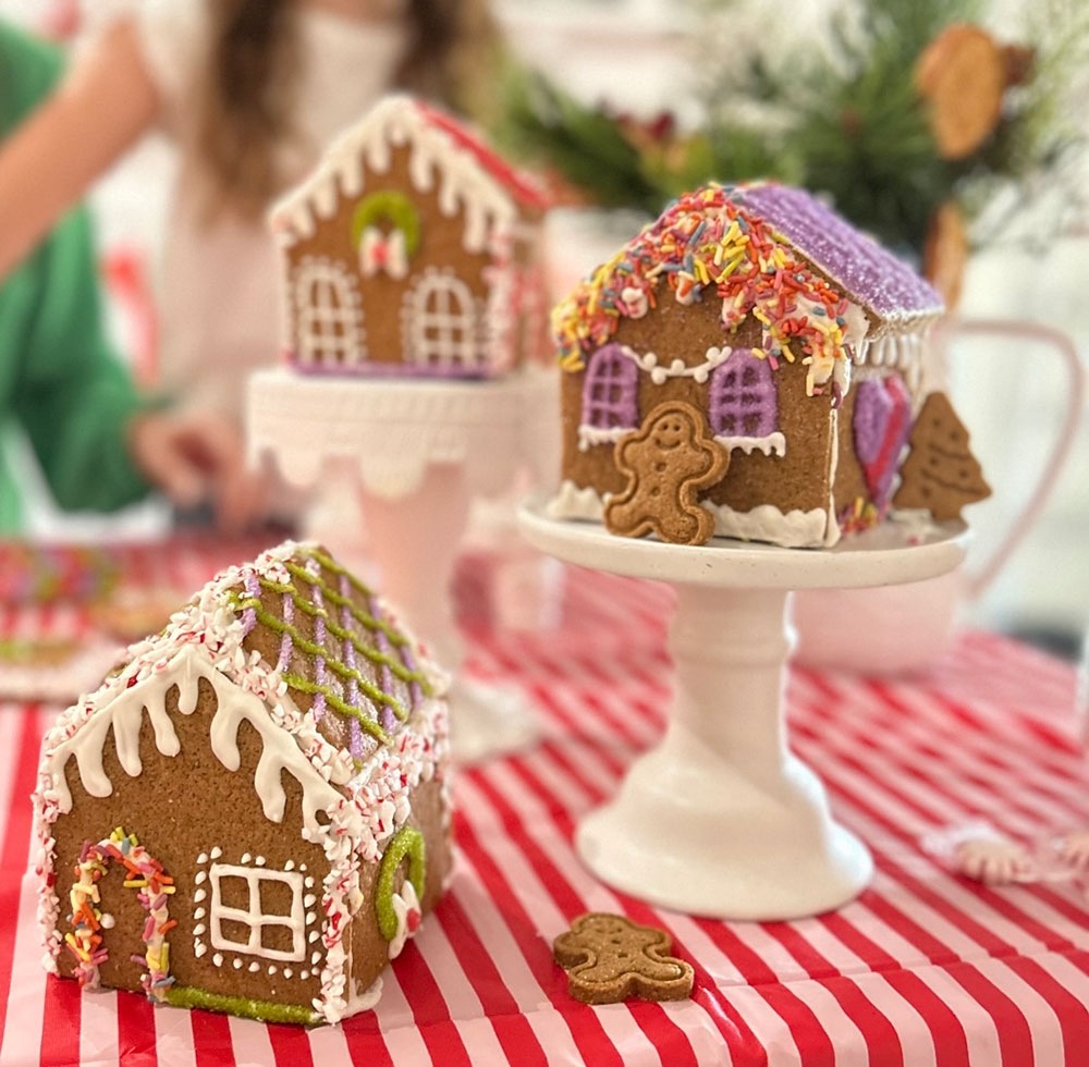 gingerbread houses on cake stands
